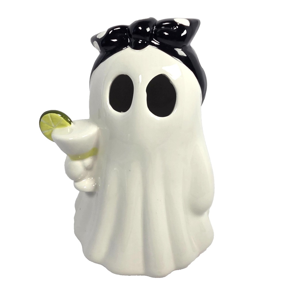 Lighted Ghost Margarita Figurine Lime Drink Black Bow LED Halloween Decor 9 Inch